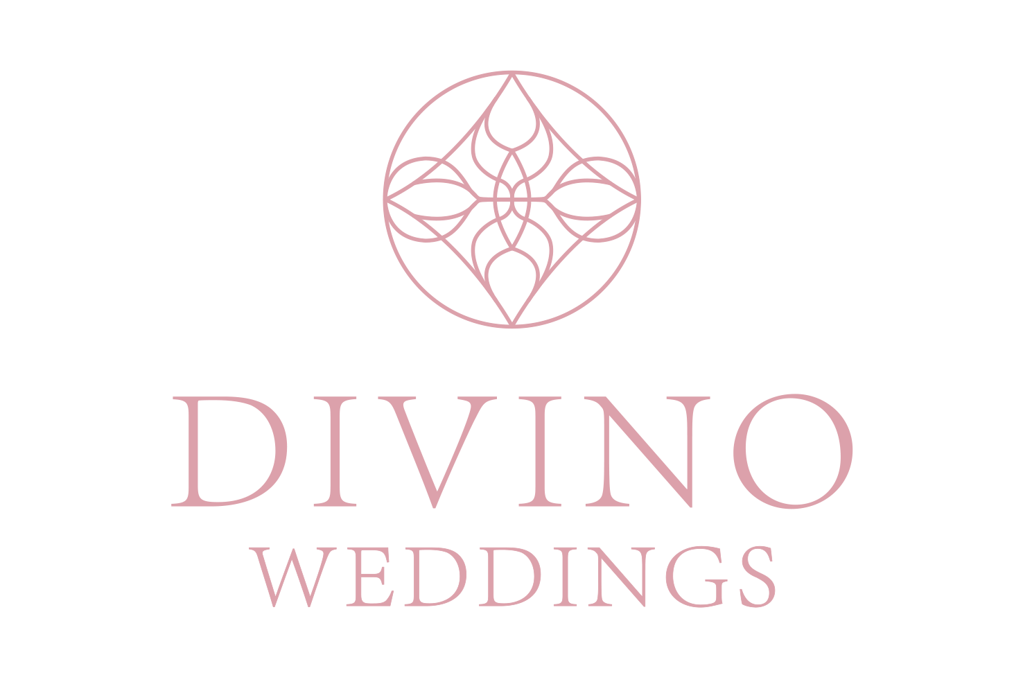 Logo for Divino Weddings: pink circle with stylized floral design, below 