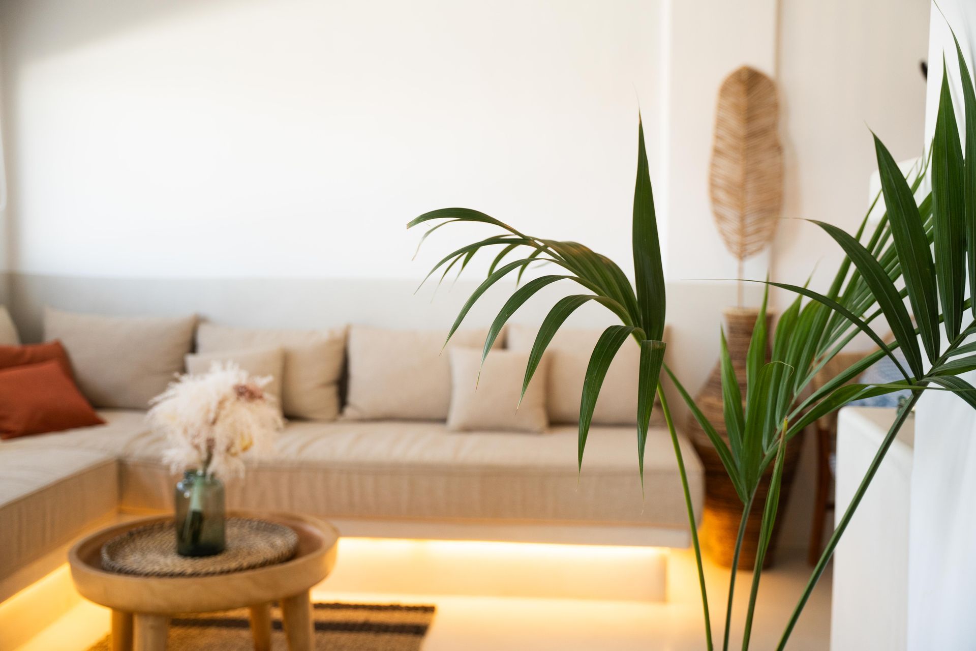 Bright living room with a built-in beige sofa, wooden table, and green plants against a white wall.