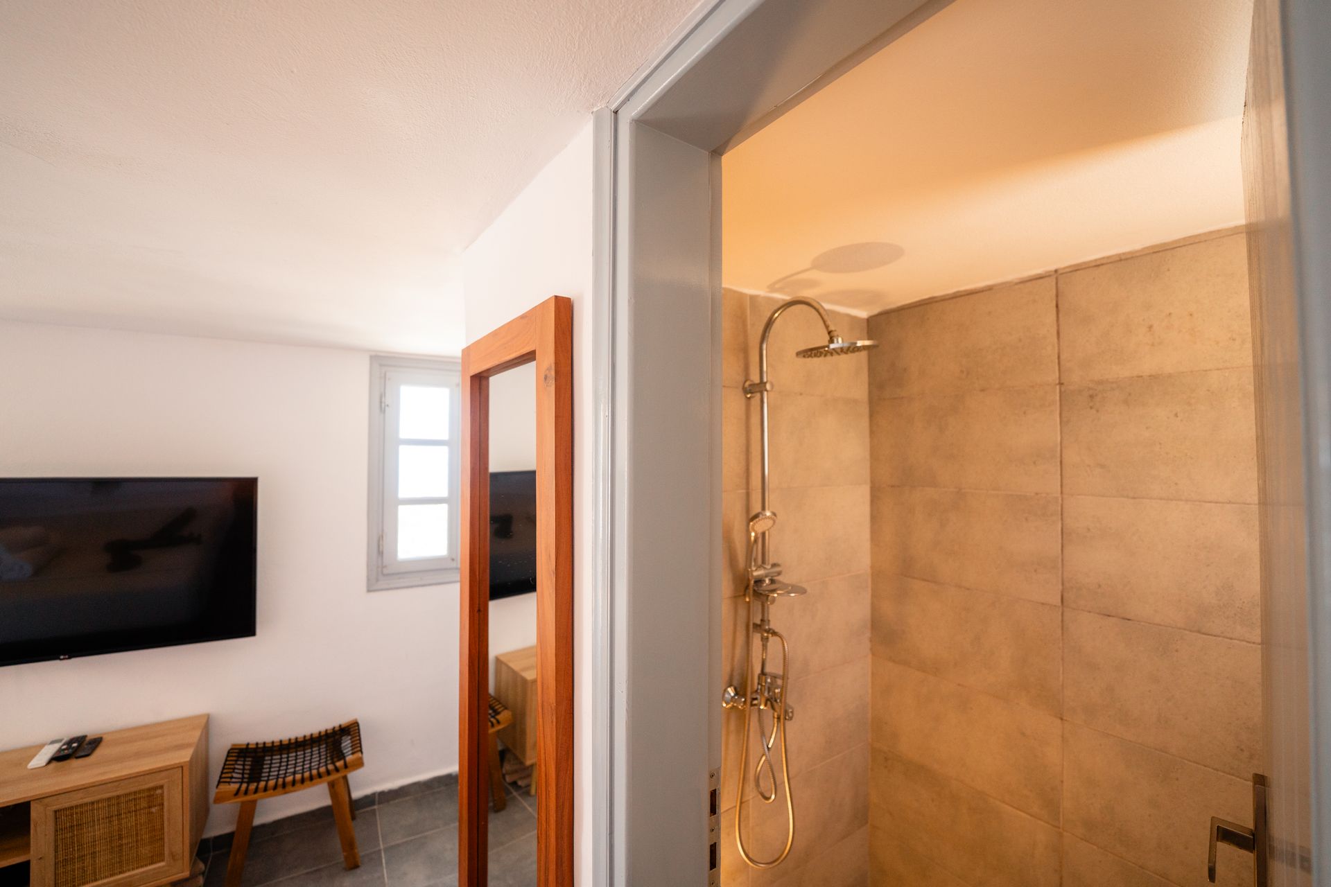 A bright interior with a shower and a room with a TV and window.