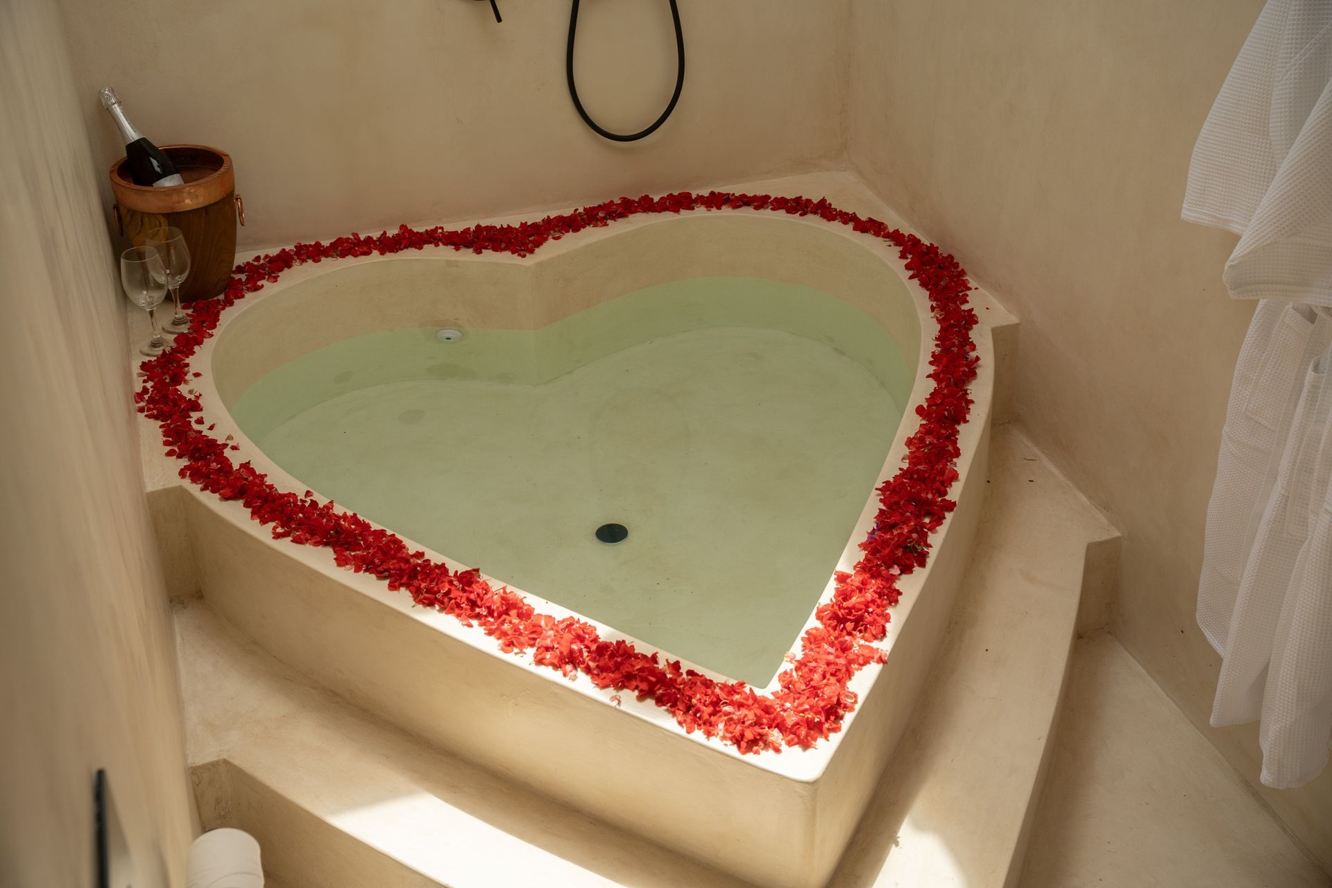 Heart-shaped bathtub filled with water and red rose petals, set in a neutral-toned bathroom.