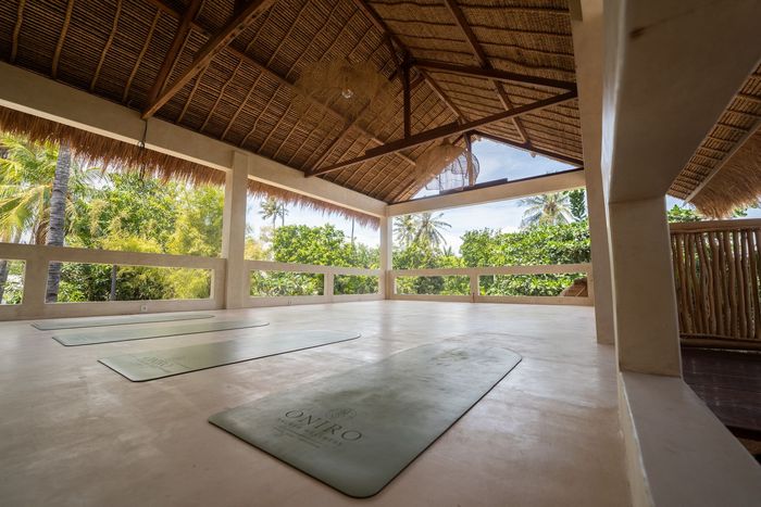 Open-air yoga studio with two mats, thatched roof, and views of trees and sky.
