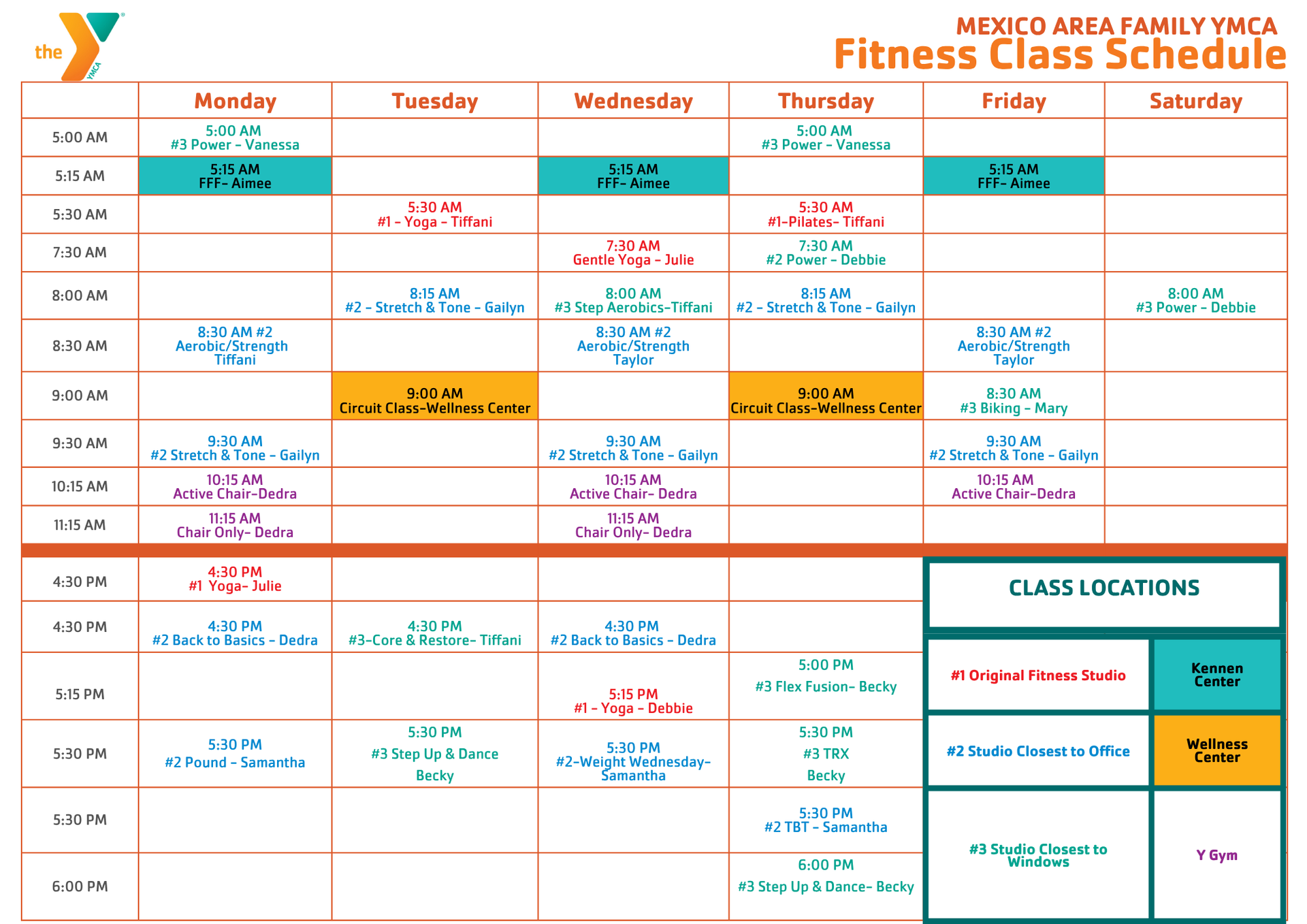 Color-coded May 2026 fitness class schedule with weekly days, times, and class list box on the right