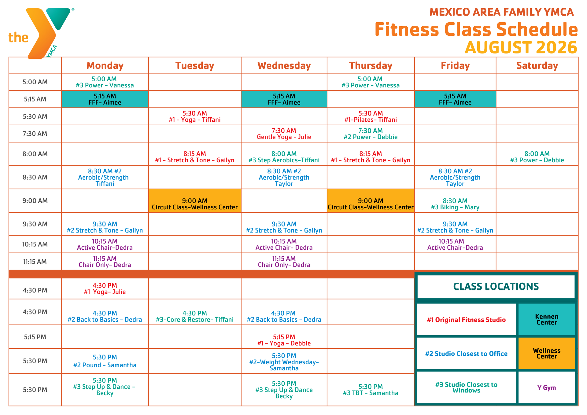 Color-coded May 2026 fitness class schedule with weekly days, times, and class list box on the right