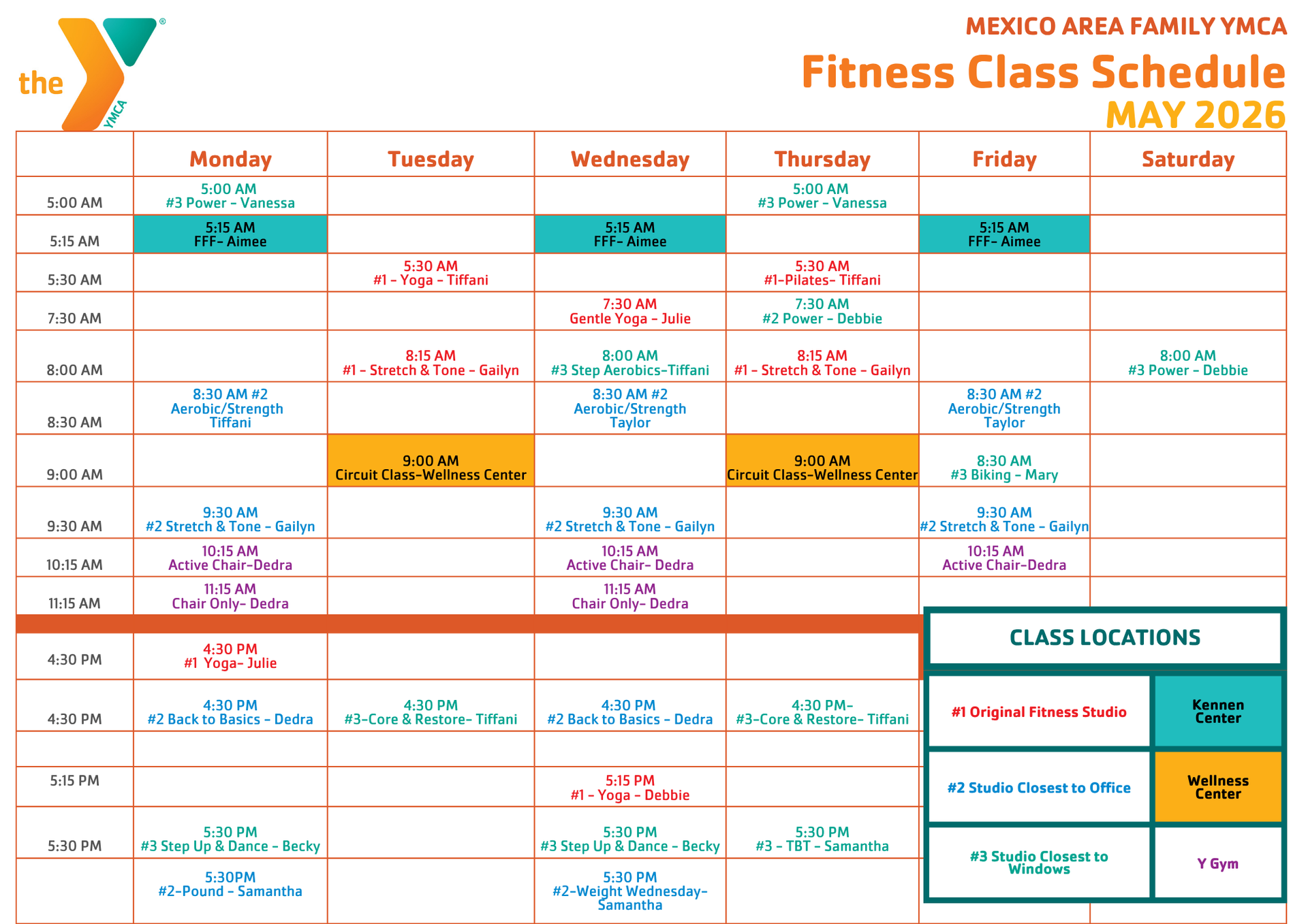 Color-coded May 2026 fitness class schedule with weekly days, times, and class list box on the right