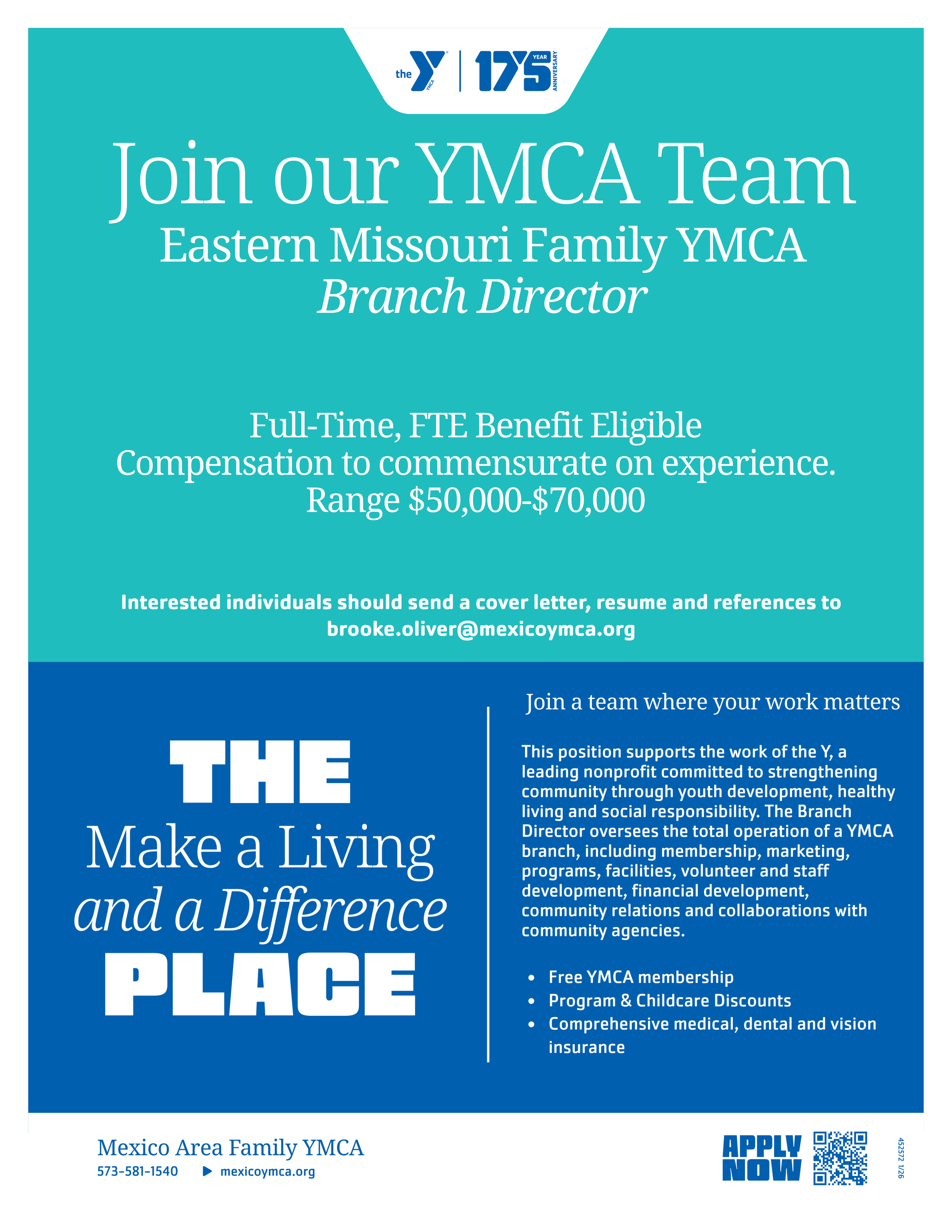 Turquoise YMCA job ad: “Join our YMCA Team” and “Make a Living and a Difference” with white text.
