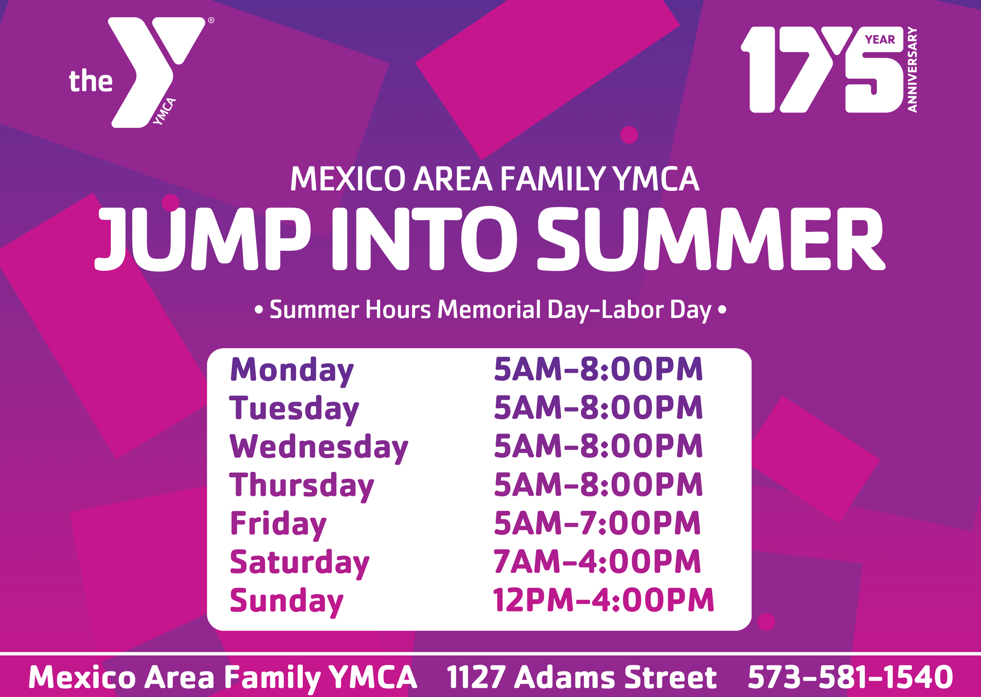 Mexico Area Family YMCA “Jump Into Summer” hours flyer in purple and pink, showing daily summer hours.