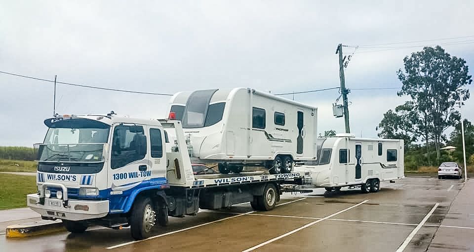 Tow Truck Towing a Caravan Trailer — Wilson's Towing In Esk, QLD