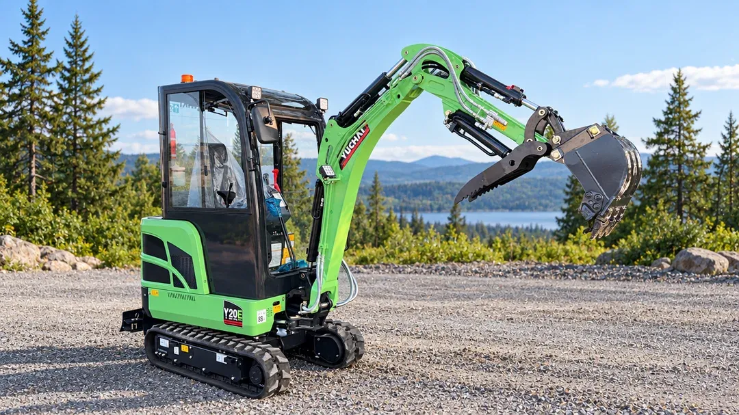 Yellow YUCHAI YC205 excavator digging trench near a road, watched by construction worker. Mountainous forest backdrop.