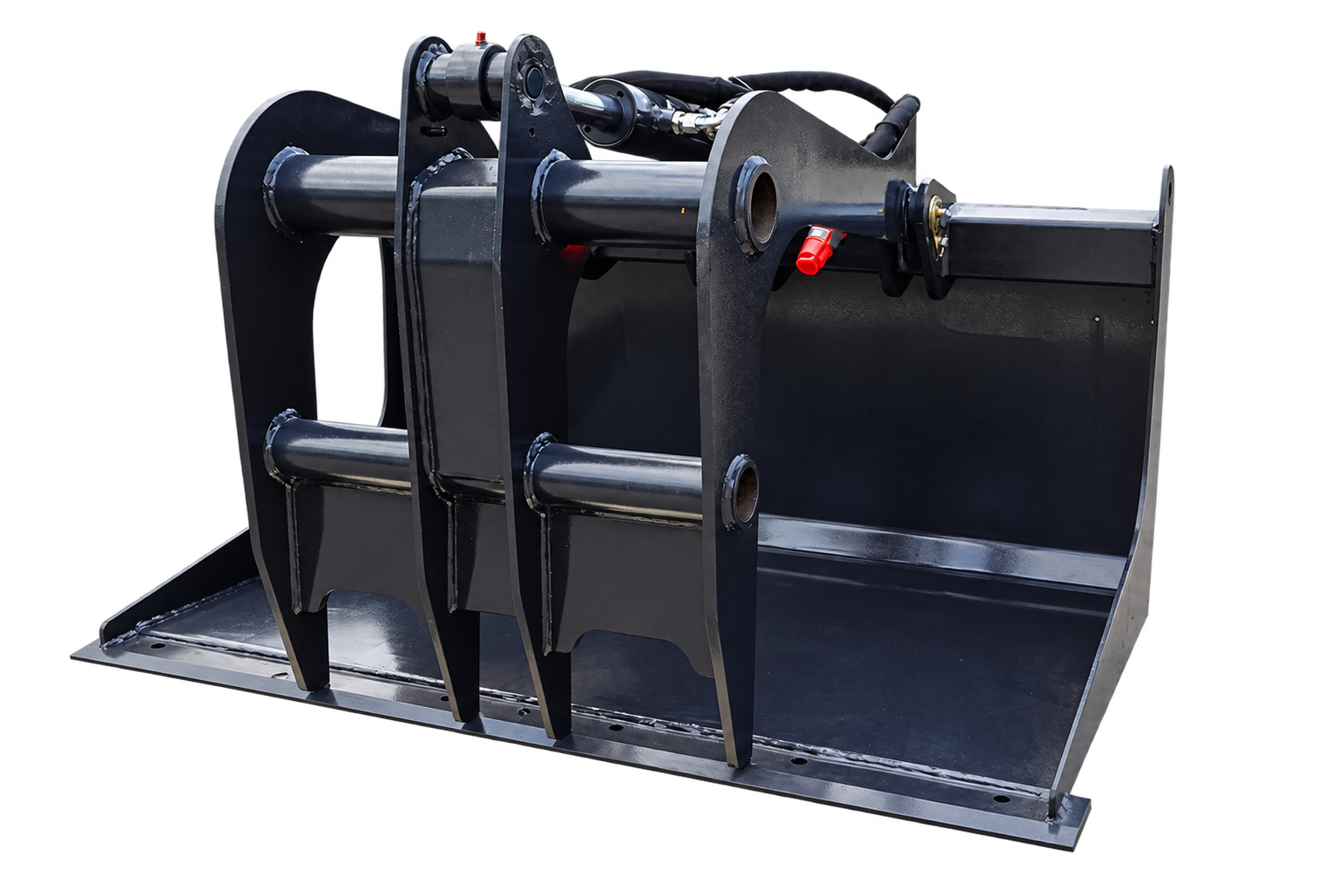 Black grapple bucket attachment for a construction machine.