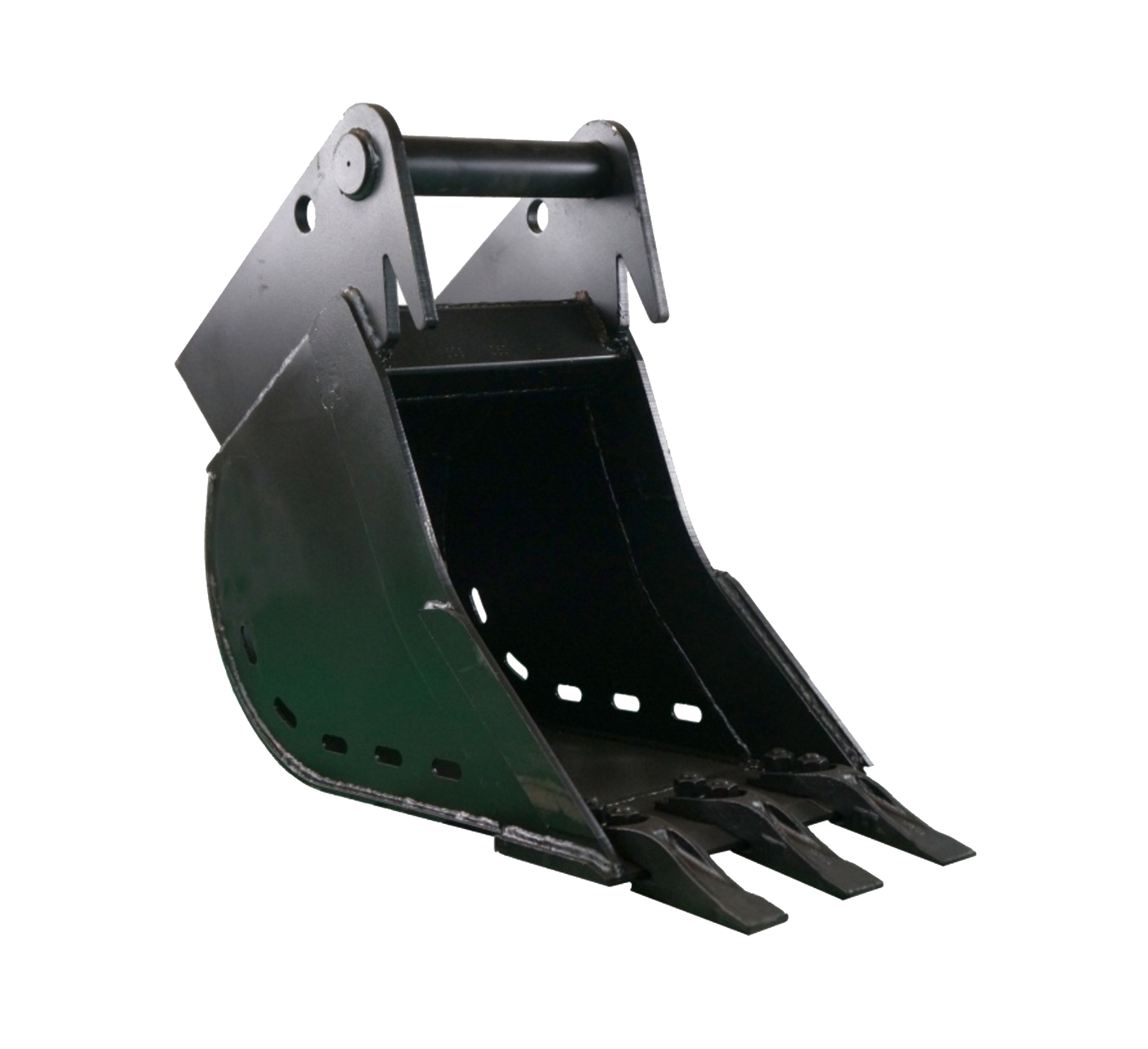 Black excavator bucket with three teeth.