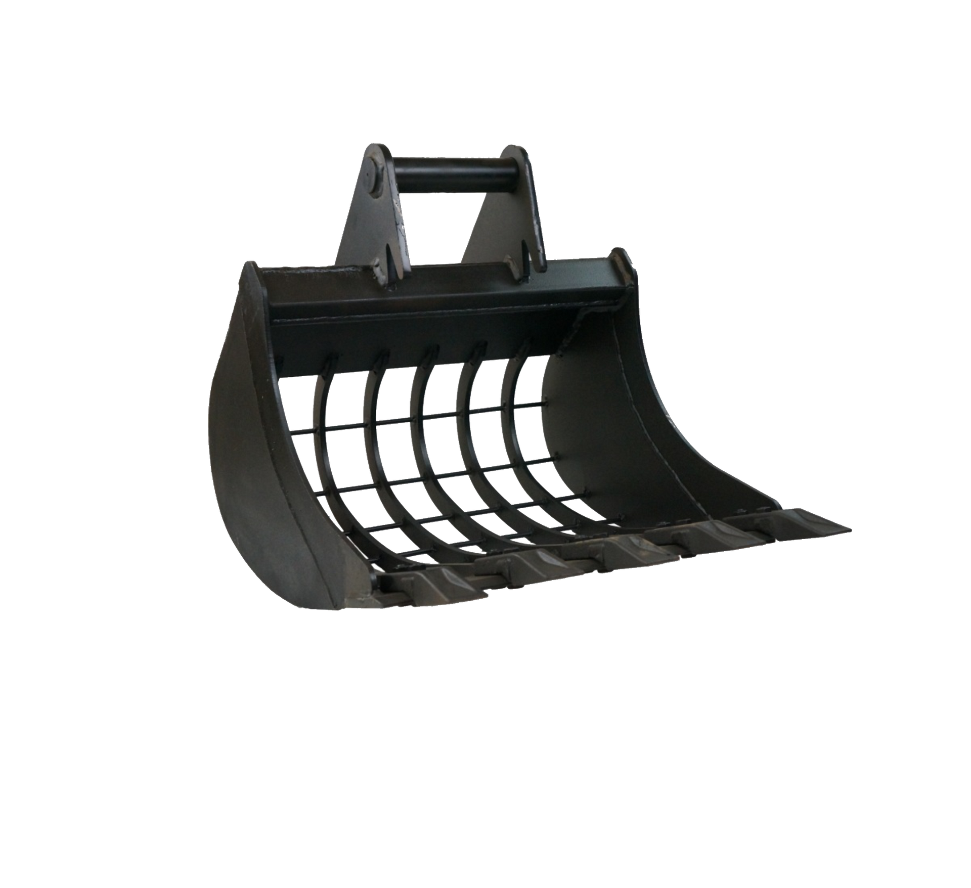 A black grapple bucket, used for sorting materials, with curved teeth.