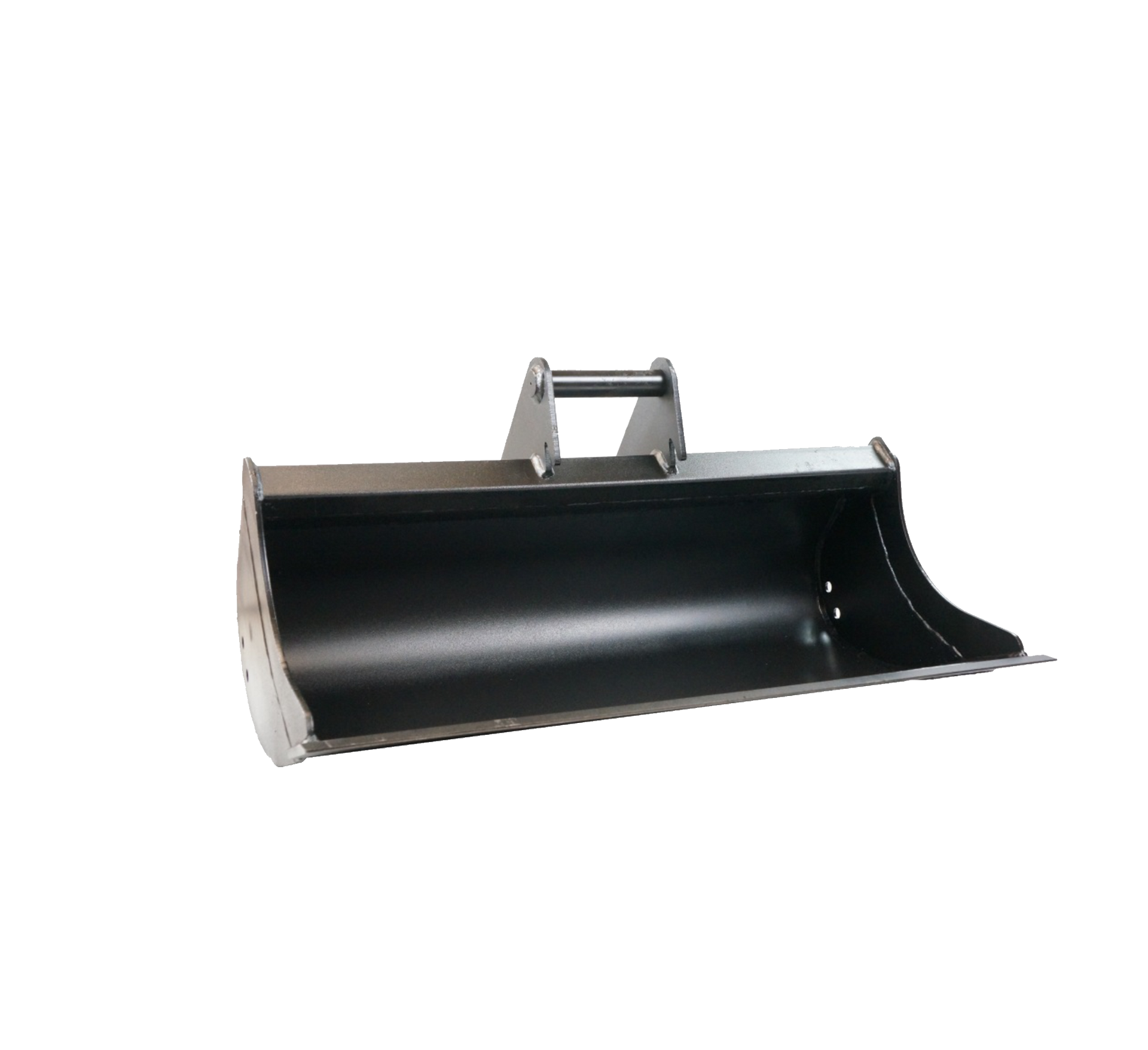 Black metal excavator bucket with a handle.