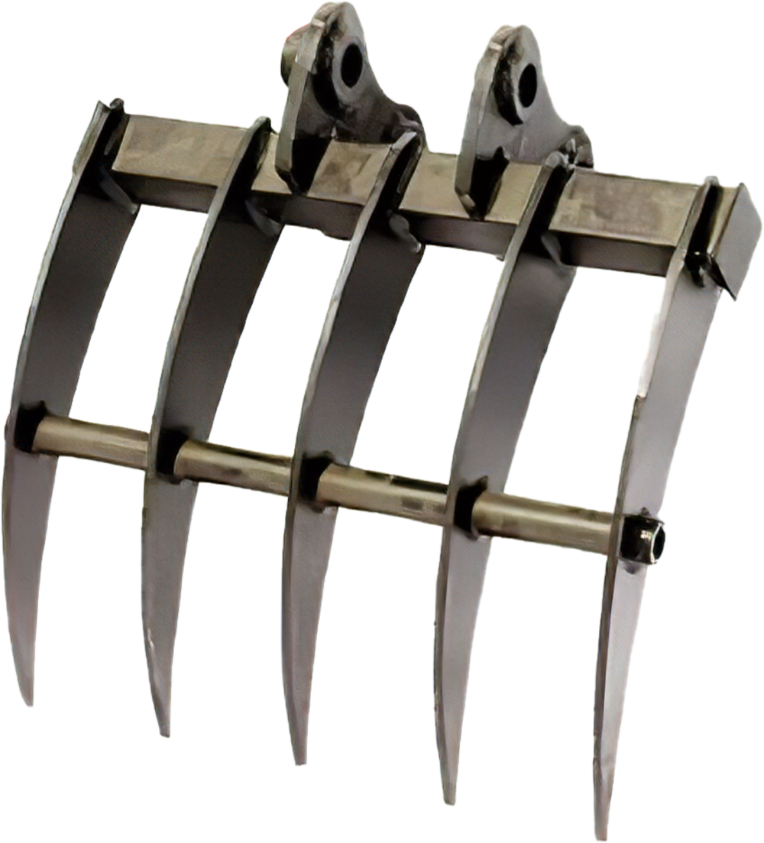 Steel grapple rake with curved tines, attached to a bracket, used for clearing debris or leveling ground.