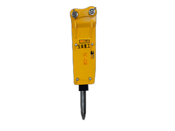 Yellow hydraulic breaker tool with a pointed bit.