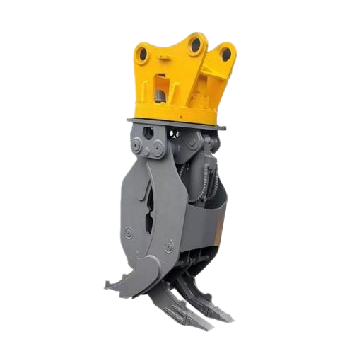 Gray and yellow grapple attachment for an excavator.