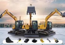 Three yellow YUCHAI YC215 excavators with various attachments, against a cityscape background.