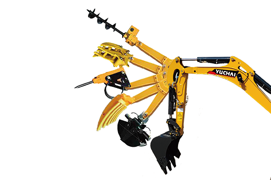 Yellow Yuchai excavator with multiple attachments against a white background.