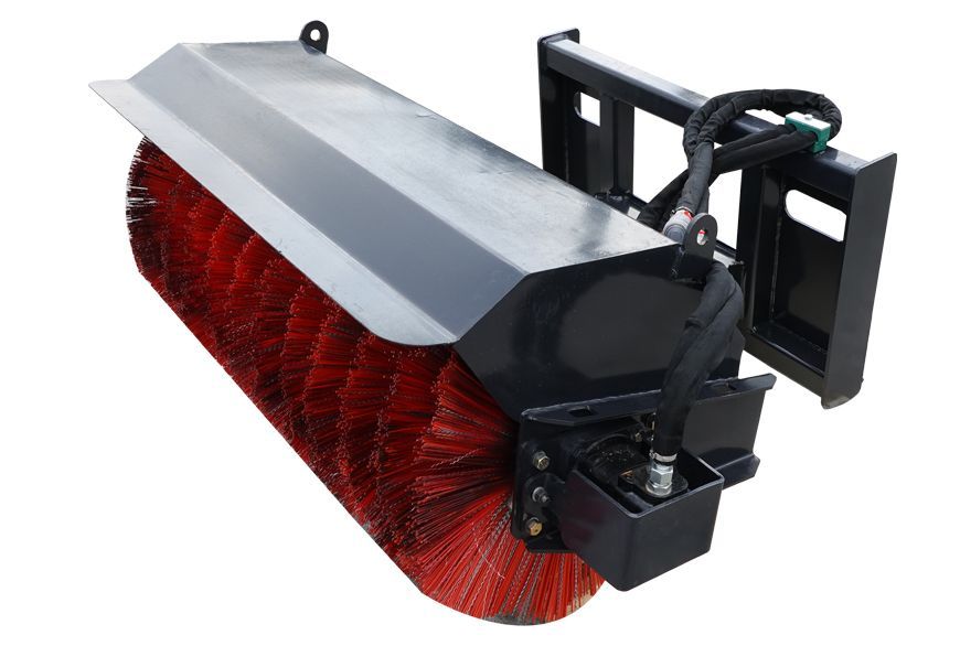 A red-bristled, tractor-mounted sweeper brush with a black metal frame and housing, set against a white background.