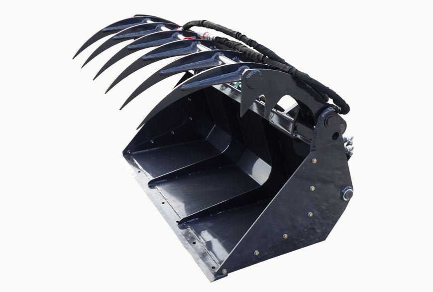 Black grapple bucket attachment for a construction machine, with curved tines and bucket.