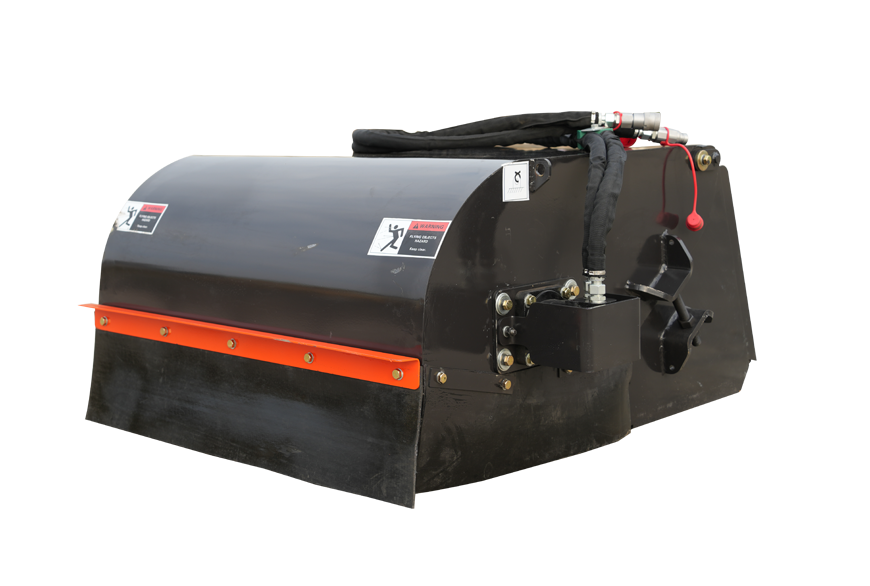 Black and orange skid steer rotary broom attachment.