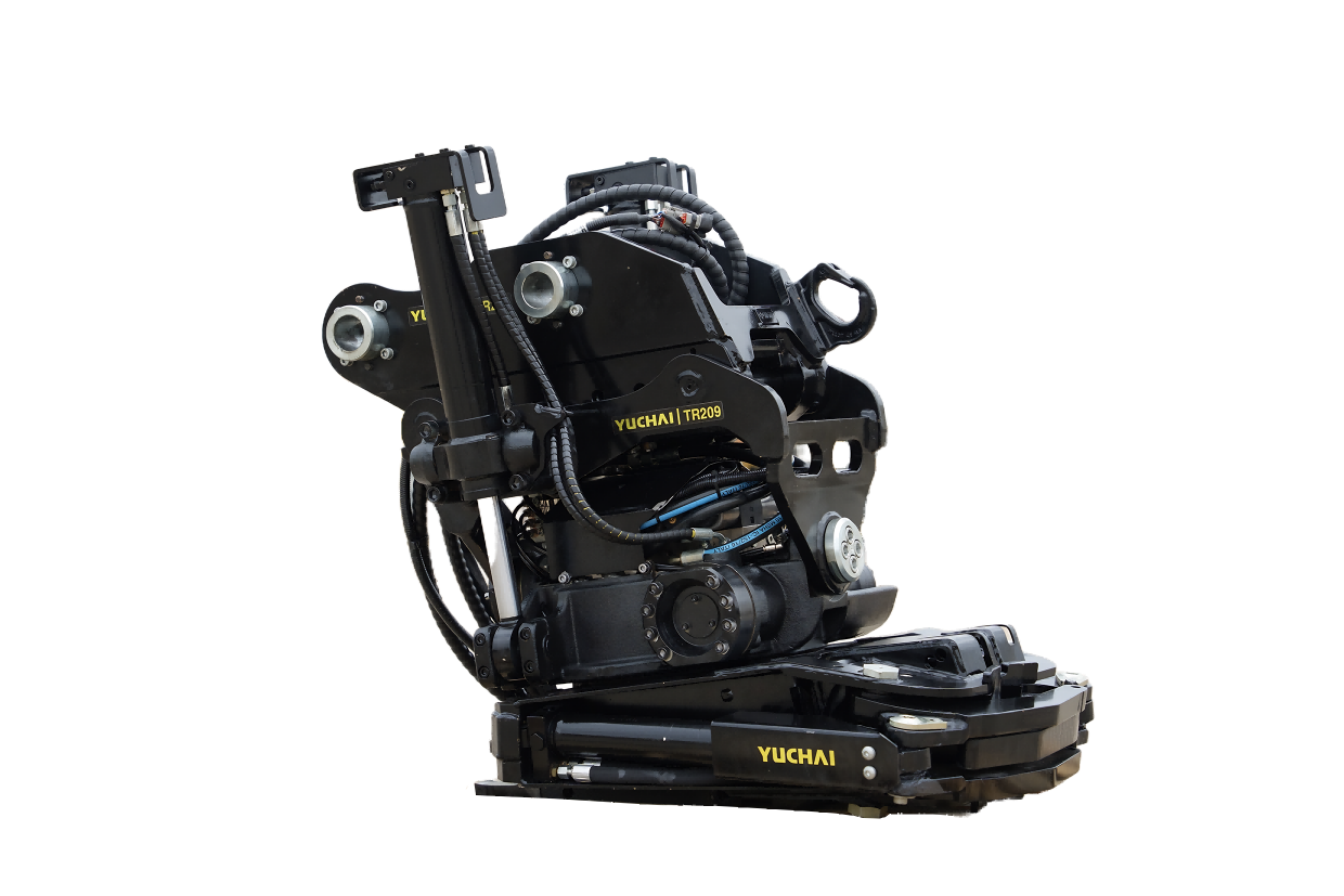 Black excavator attachment with hydraulic hoses and cylinders.