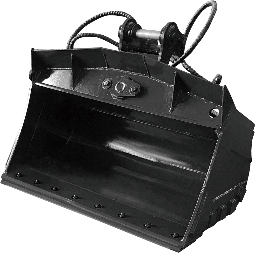 Yellow excavator bucket with a tilt mechanism, on a white background.