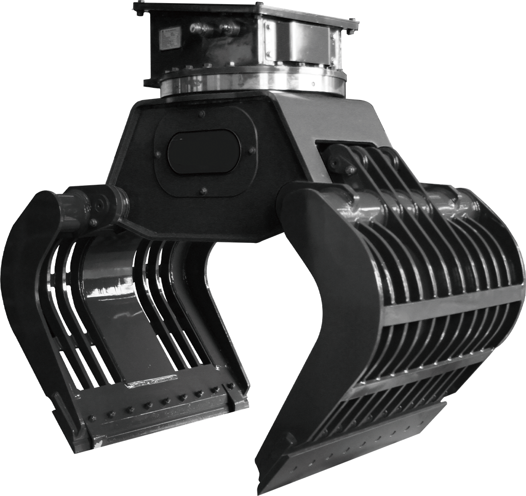 Gray and yellow grapple attachment for an excavator.