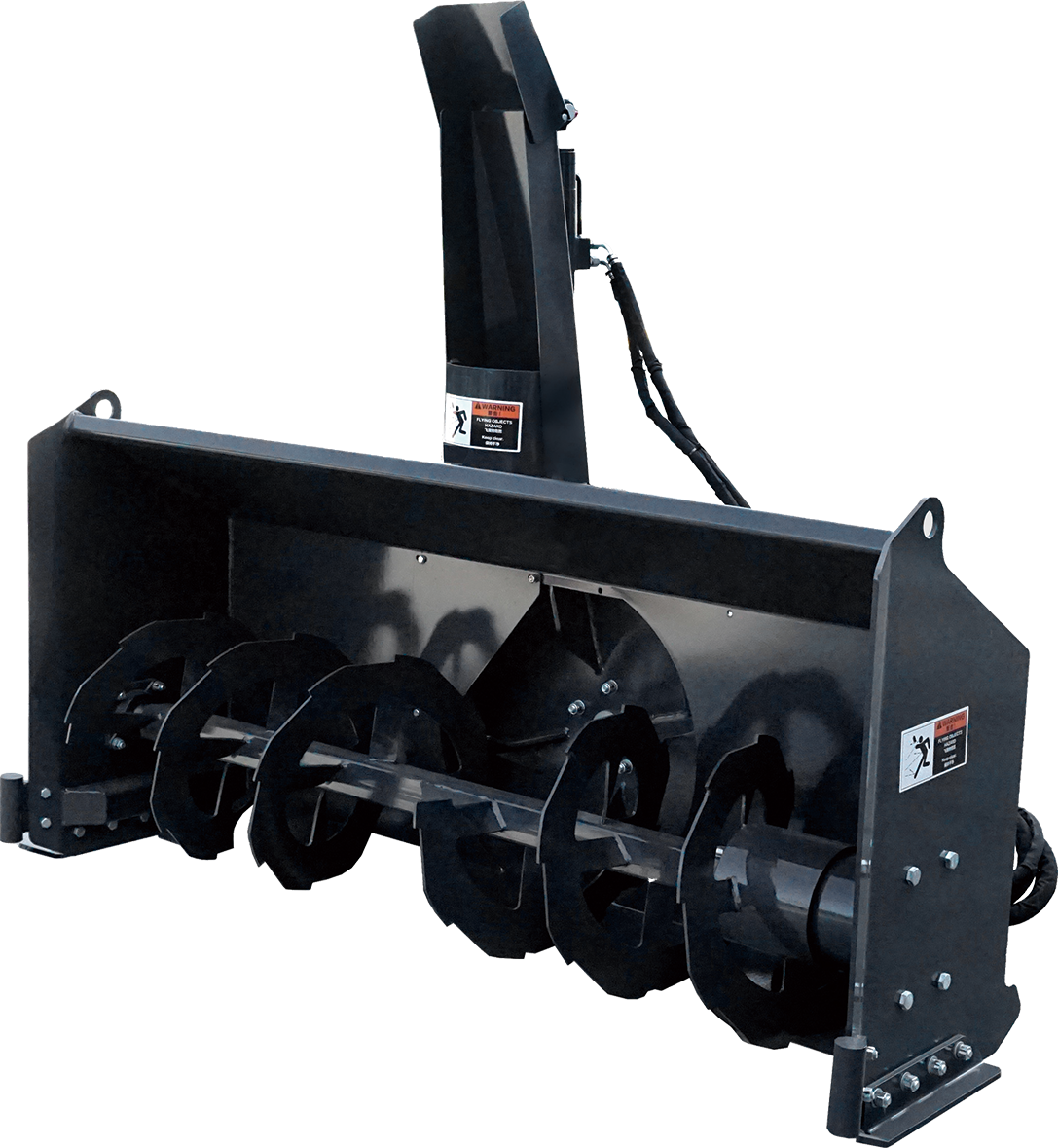 Snowblower attachment, black and blue, angled against a white backdrop.