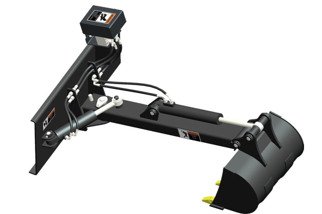 Black forklift attachment with two long forks, hooks, and a frame.