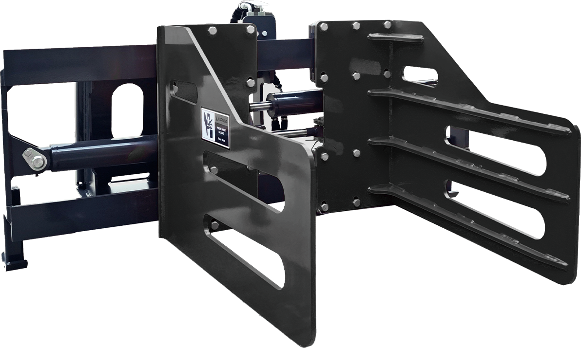 Black forklift attachment with two long forks, hooks, and a frame.