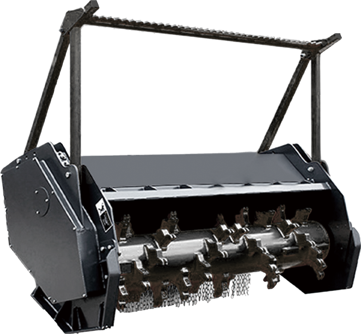 Black forklift attachment with two long forks, hooks, and a frame.