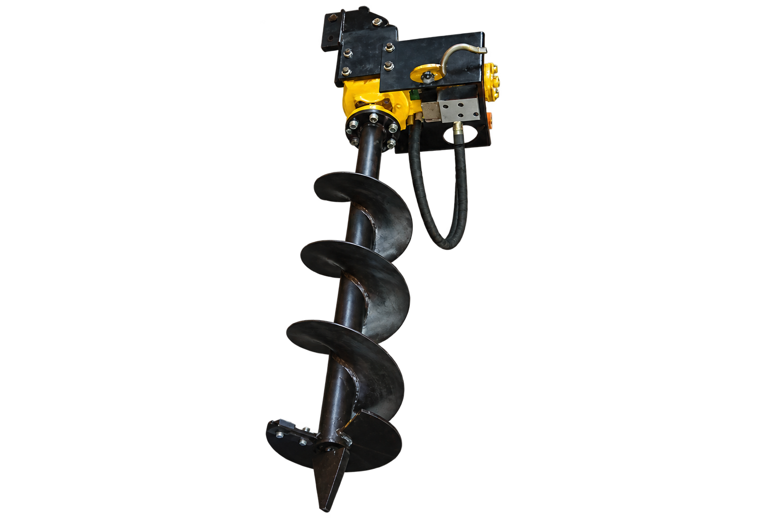 Black and yellow earth auger drilling tool, for digging holes in soil, with a black screw bit.