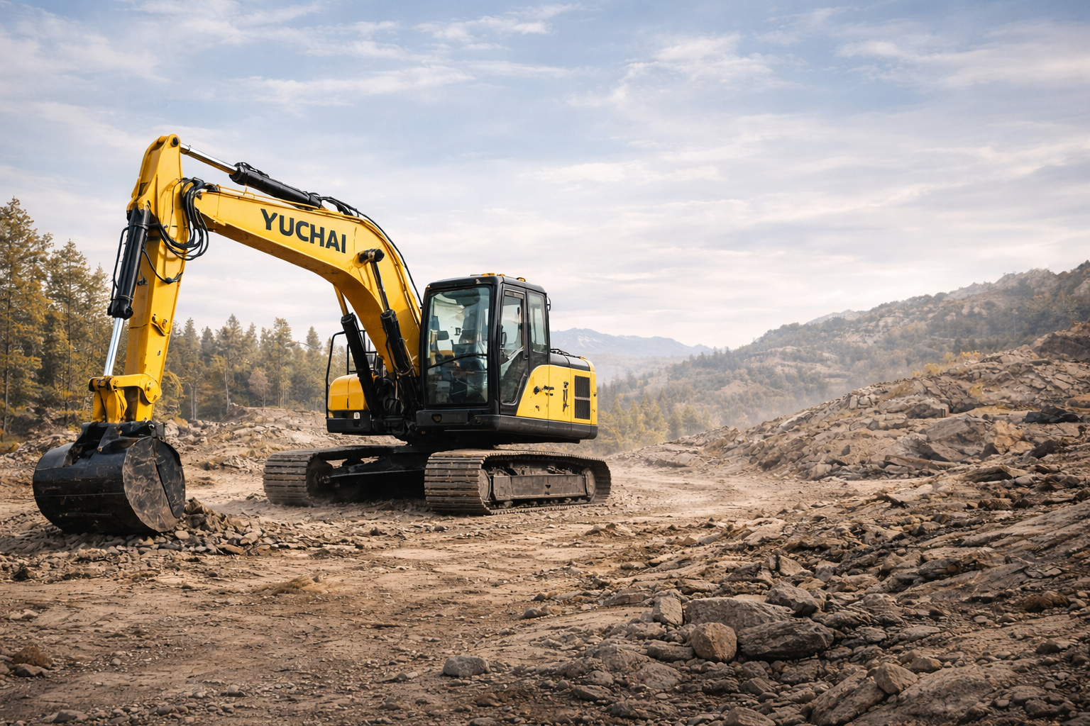 Une pelleteuse Yuchai jaune sur un chantier de construction, creusant la terre,
