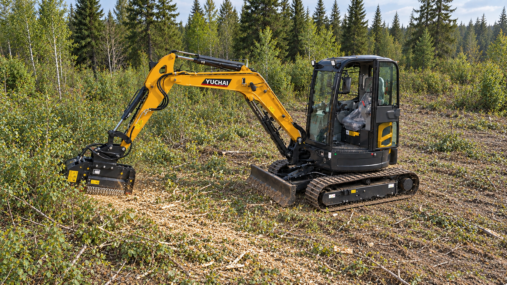 Yellow hydraulic hammer with a pointed bit.