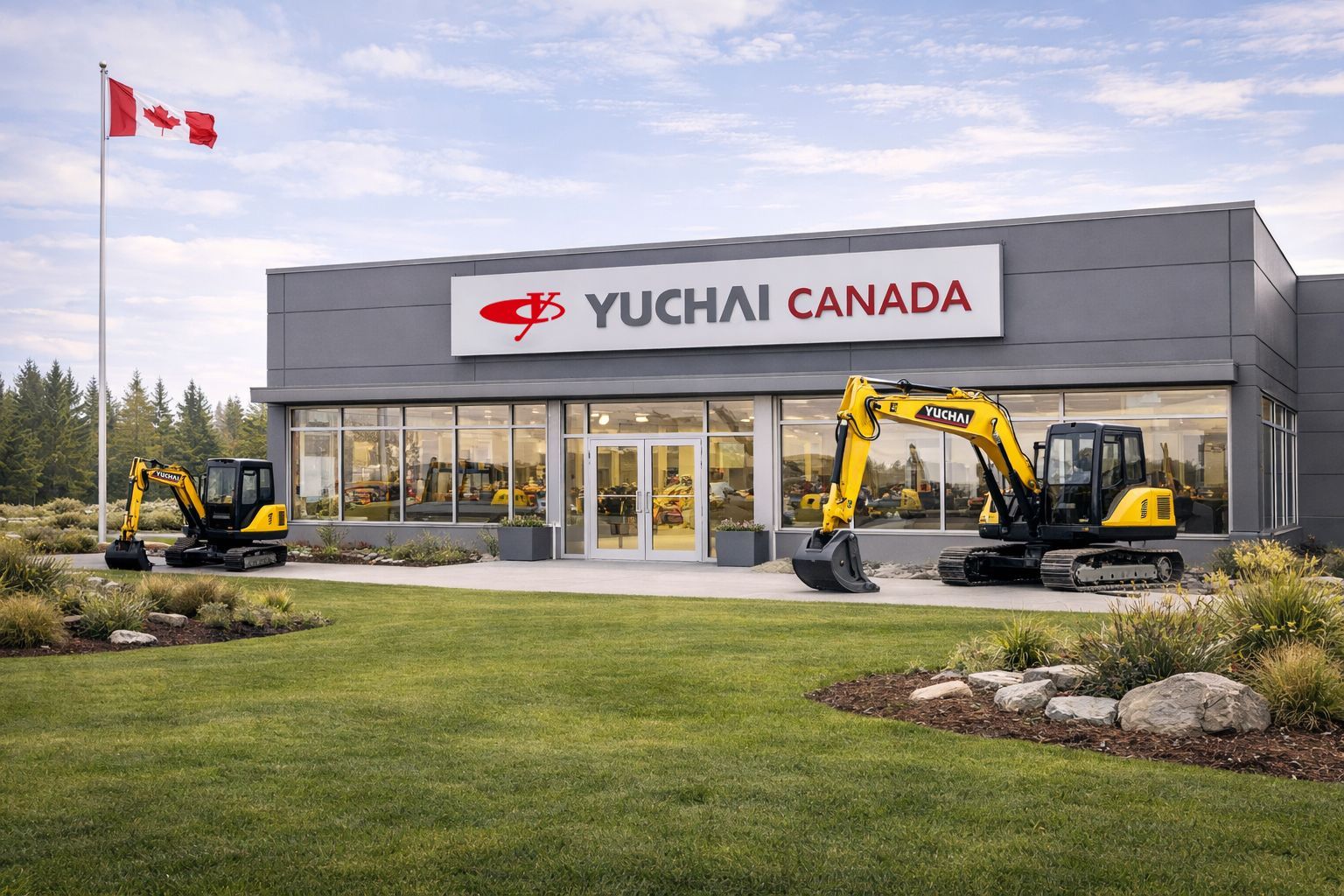 Concessionnaire Yuchai Canada avec des excavatrices jaunes exposées, drapeau canadien flottant au vent.