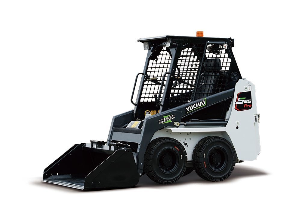 Compact white-and-black skid-steer loader with front bucket on a white background