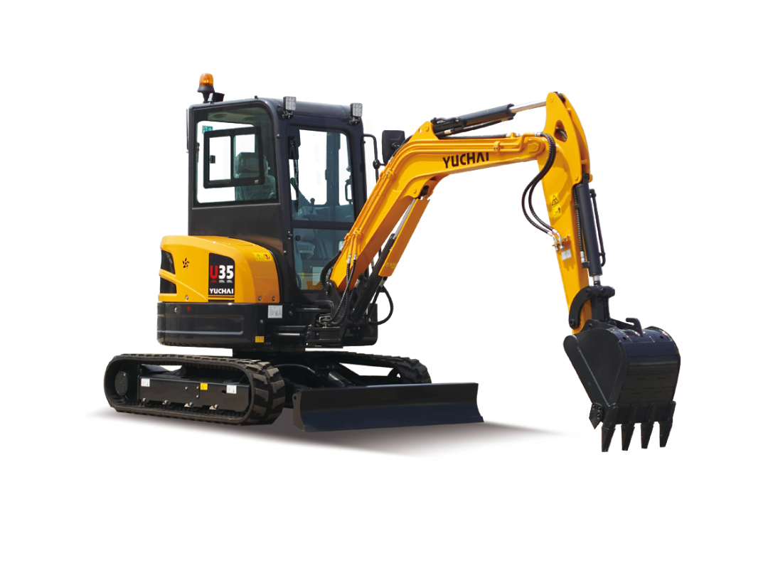 YUCHAI U35 Yellow and black compact excavator on tracks, bucket extended.