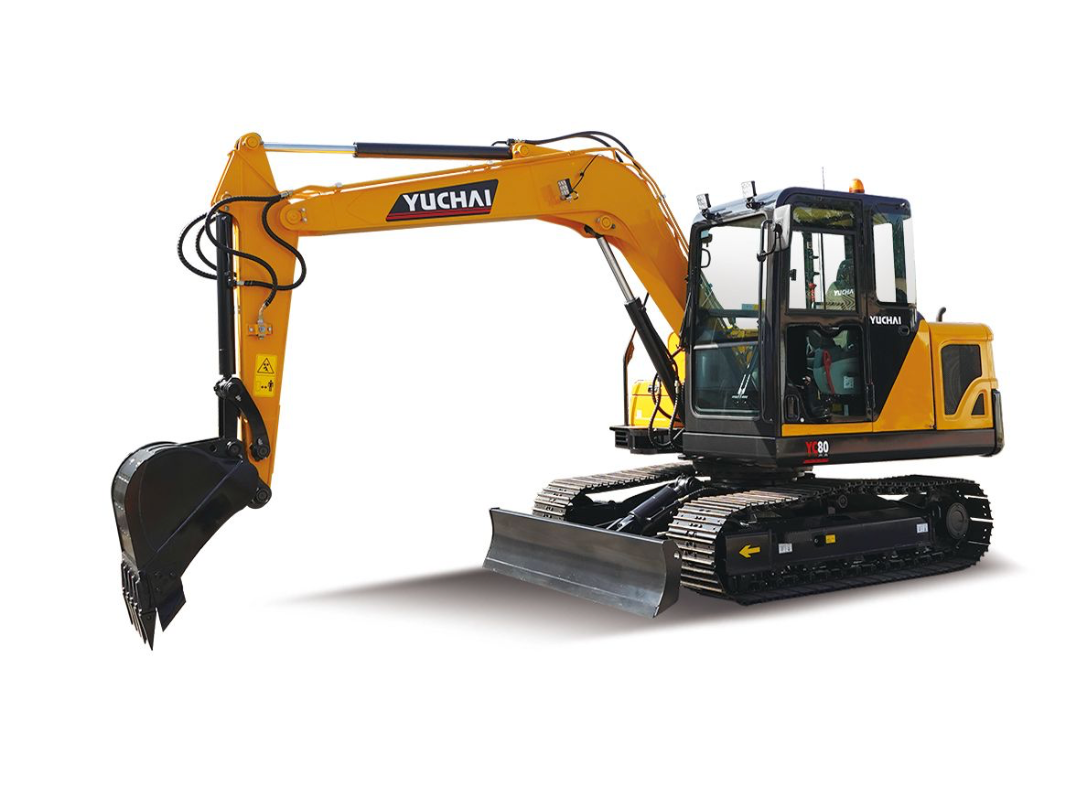 Yellow YUCHAI YC80 excavator on tracks, bucket extended.