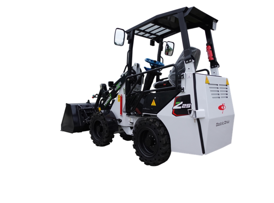 White mini YUCHAI Z25 skid steer loader with black roof and bucket on white background.