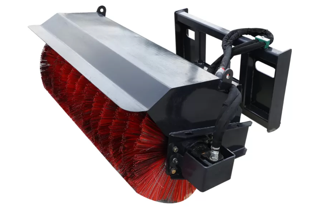 Brosse rotative à poils rouges, montée sur tracteur, pour le balayage des surfaces, avec un cadre en métal noir