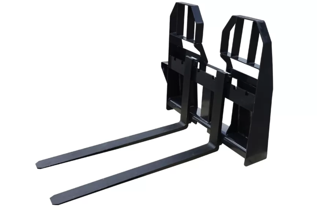 Black forklift forks, designed for lifting, on a white background.