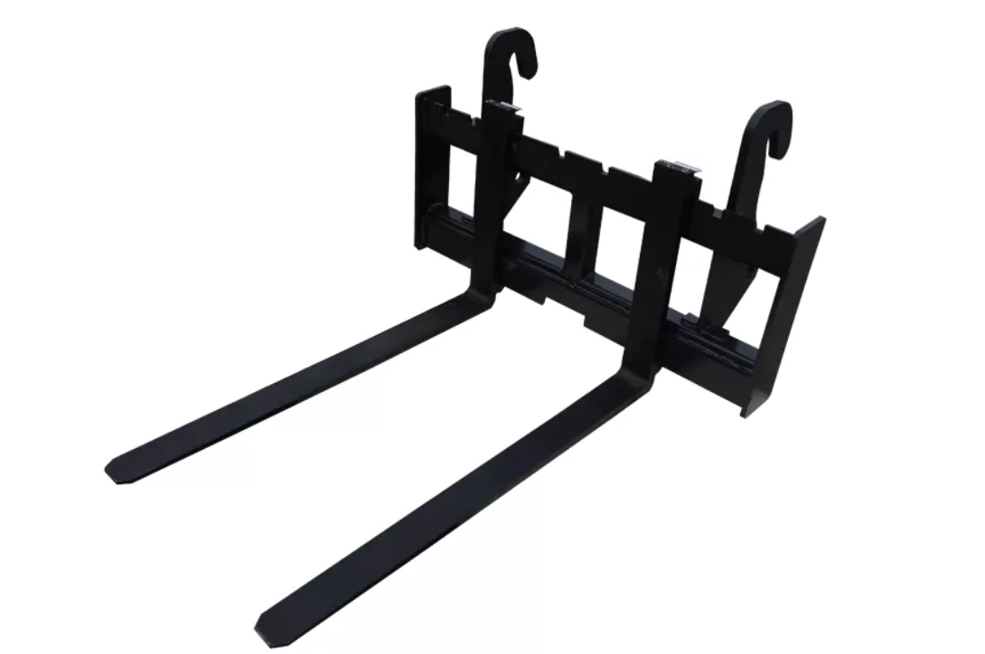 Black forklift attachment with two long forks, hooks, and a frame.