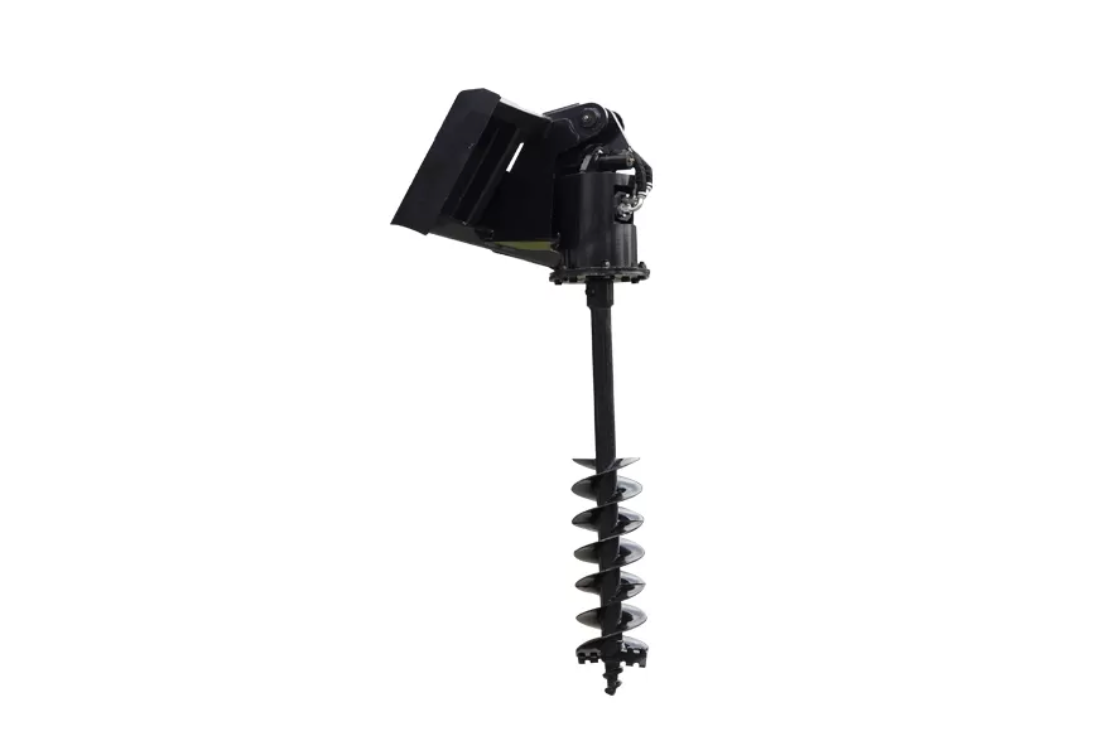 Black auger attachment for a skid steer, isolated on white.