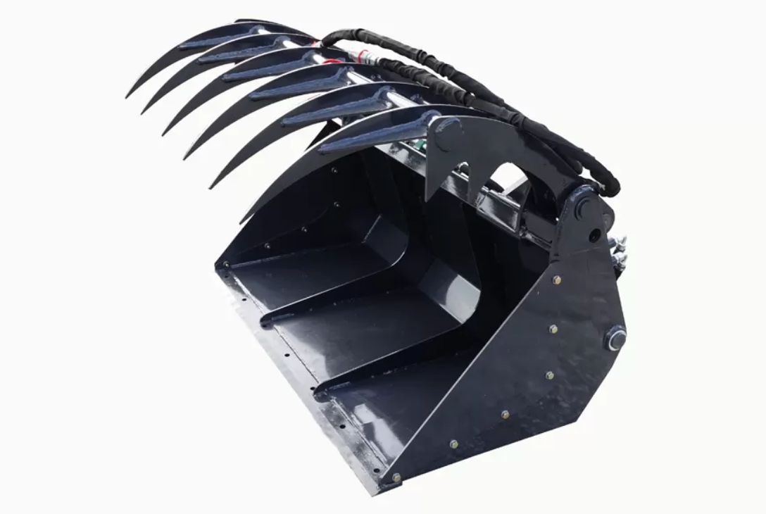 Black grapple bucket attachment for a construction machine, with curved tines and bucket.