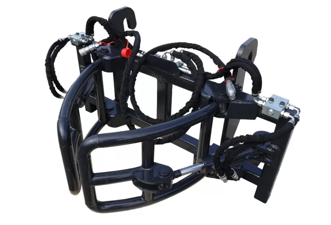 Black hydraulic grapple attachment with curved tines and hooks; for a tractor or skid steer.