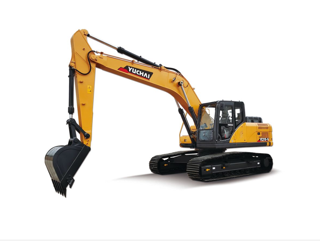 Yellow Yuchai YC205 excavator on a white background, arm extended, bucket down.