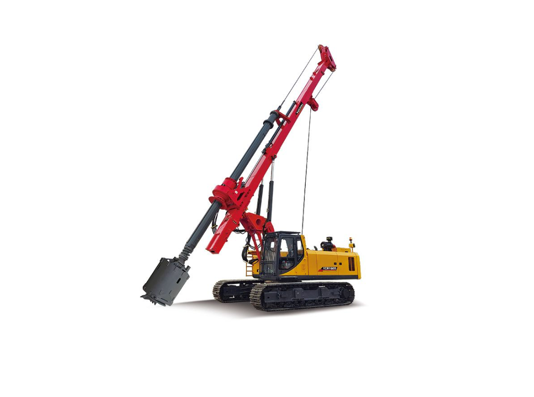 Red and yellow YUCHAI drilling machine on tracks, angled against a white background.
