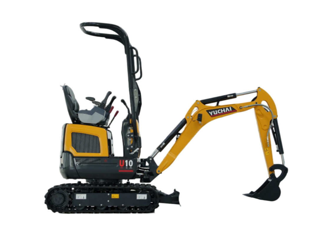 Yellow and black YUCHAI U10 mini excavator on tracks, digging, outdoors.