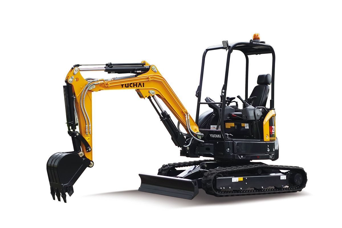 Yellow and black YUCHAI U27 mini excavator with a raised arm and bucket against a white background.