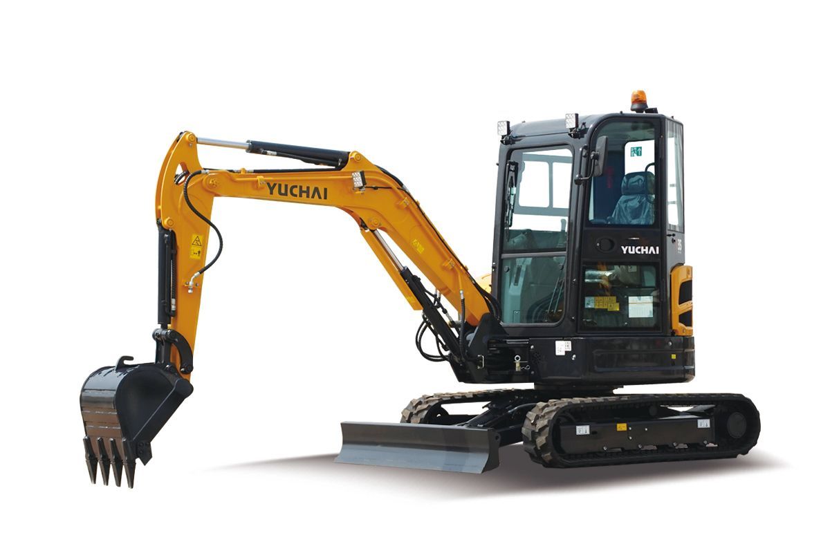 Yellow and black YUCHAI U35 mini excavator on tracks, extended arm with bucket, white background.